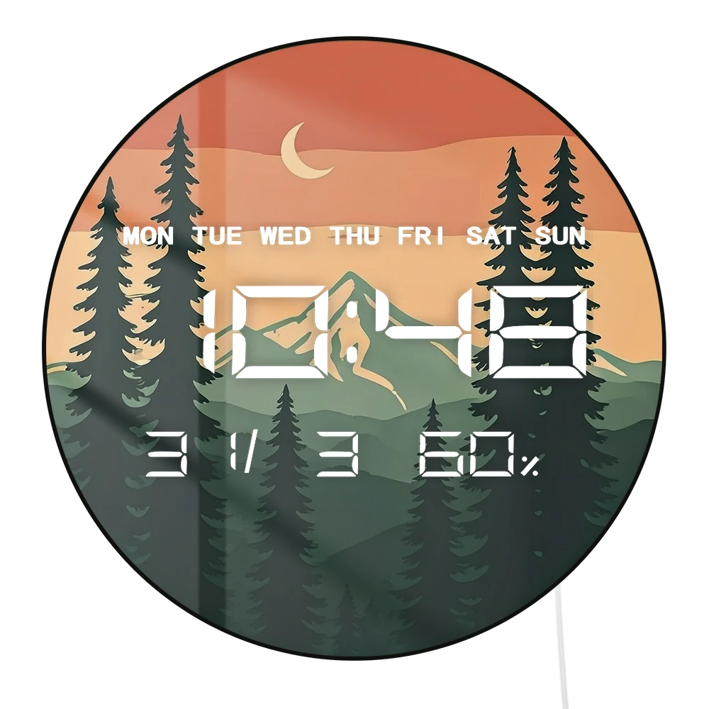 Retro Pine Trees with Mountain Skyline LED Digital Wall Clock with Temperature Humidity Timer Date Large Calendar Electric Clock