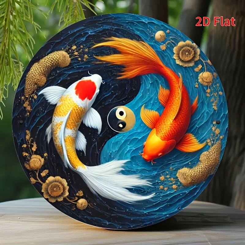 2D Flat, 1pc 2D Flat Printed 7.87 X 7.87inch Round Iron Metal Sign, Iron Wall Art, Koi Fish Harmony Wreath, Classic Style Iron M