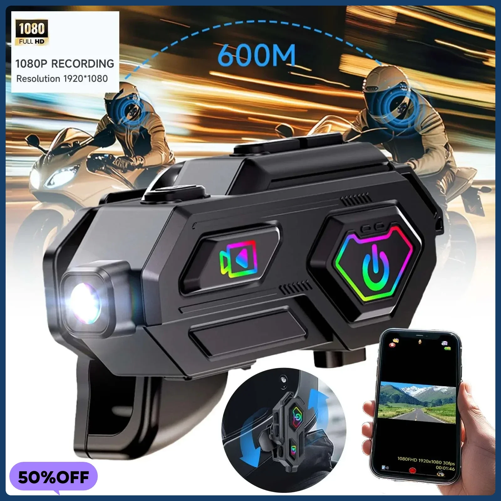 

Motorcycle Cycling Helmet Bluetooth Headphones Moto App Video Camera Recording & FM Radio TF Card Recorder Intercom Call Headset