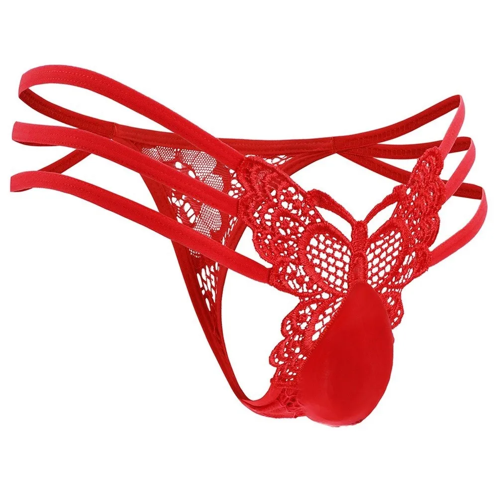 Men Butterfly Lace G String Thong Thin Strap Hollow Out Back Design Floral Embroidery Sheer Mesh Sexy Lingerie