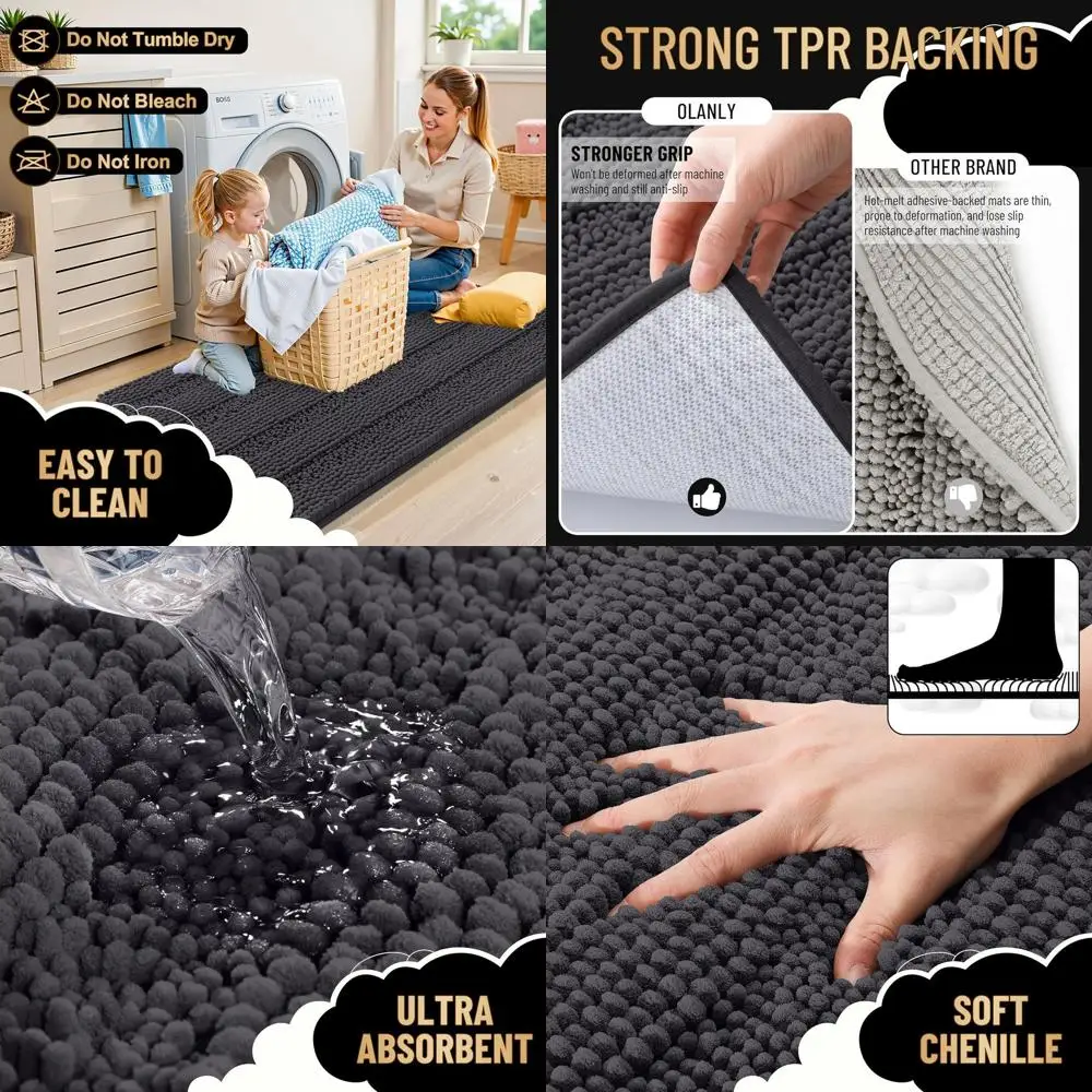 

Luxurious Soft Chenille Striped Bath Mats, 30x20, Dark Grey, Non-Slip Rubber Backing, Machine Washable for Bathroom and Shower,