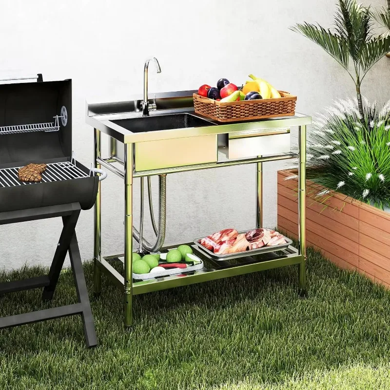 Free Standing Single Bowl Garden Outdoor Sink Stainless Steel Fish Cleaning Table Commercial Sink with Workbench for Restaurant