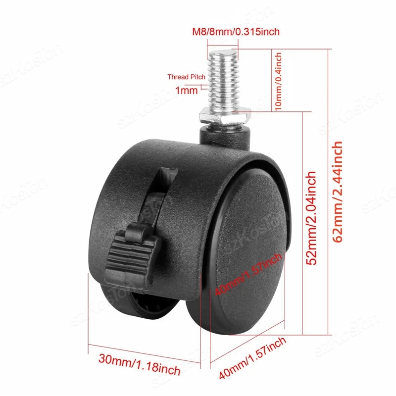 잠금 브레이크 가구 캐스터, 테이블 서랍 캐비닛 회전 바퀴, M8 스레드 스템, 1.5 인치, 360 도 캐스터, 4 개