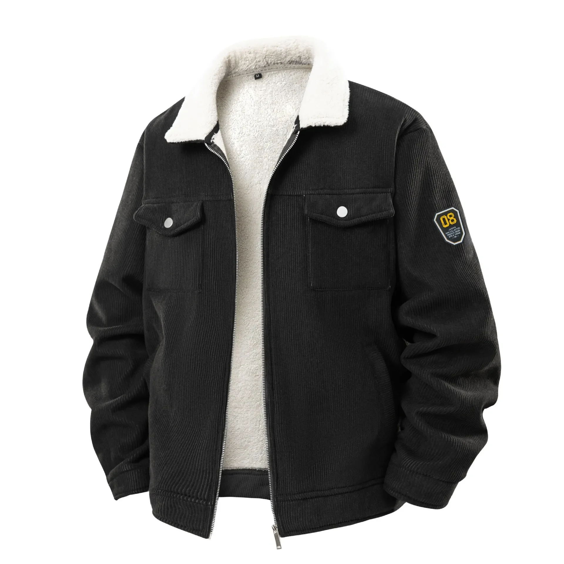 Winter Man Plush Coat Letter Embroidery Contrast Color Patchwork Male Jacket Thicken Long Sleeve Pocket Loose Men Outerwear