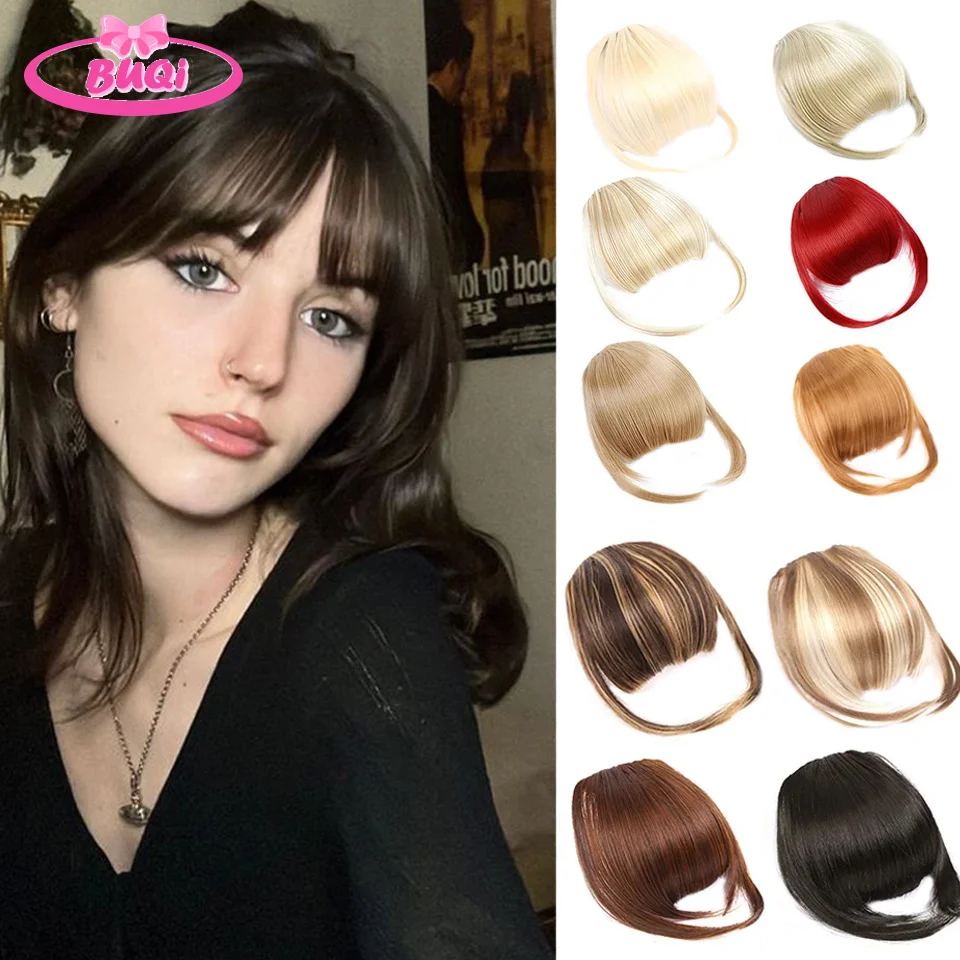 BUQI Natural Straight Synthetic Blunt Bangs High Temperature Fiber Brown Women Clip-In Full Bangs With Fringe Of Hair 6 Inch.