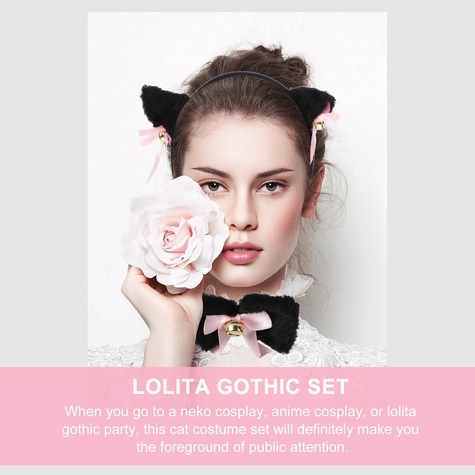 5 Pcs Creative Cat Cosplay Costume Kitten Tail Ears Collar Paws Gloves Lolita Gothic Set for Party Cosplay (Black)