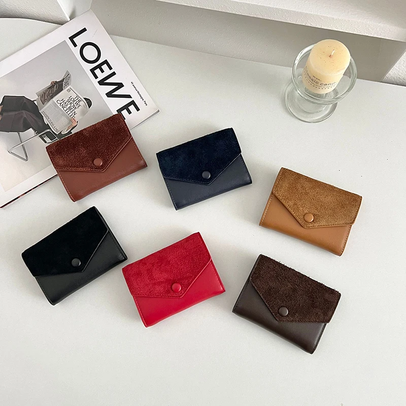 Luxury Suede Leather Cowhide Short Wallet Woman Fashion Vintage Card Holder Casual Daily Versatile Coin Purse Lady Card Bag Gift