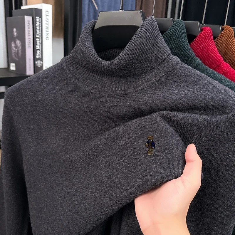 luxury men's autumn winter sweater turn-up collar embroidery high quality knitwear pullover keep warm innerwear men's clothing