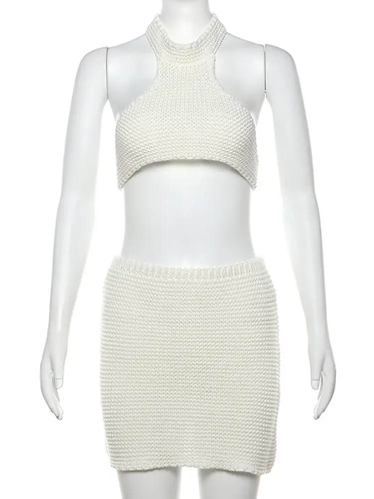 GACVGA White Knit Two Piece Set Women Backless Halter Top And Mini Skirt Matching Sets Sexy 2024 Summer  Women Outfits