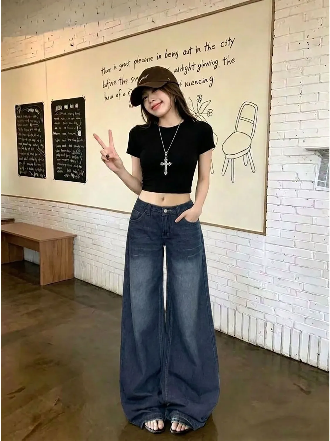 Loose Wide Leg Straight Cut Jeans Women's Spring Autumn New Design Casual High Waist Comfortable Slimming Individual Style