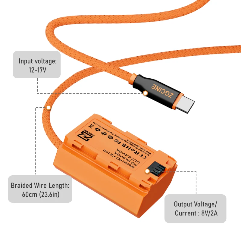 ZGCINE D-Tap to FZ100 Dummy Battery Cable, USB-C PD, Replacement for NP-FZ100 Battery for Sony A1, A9, A9II NP-FZ100