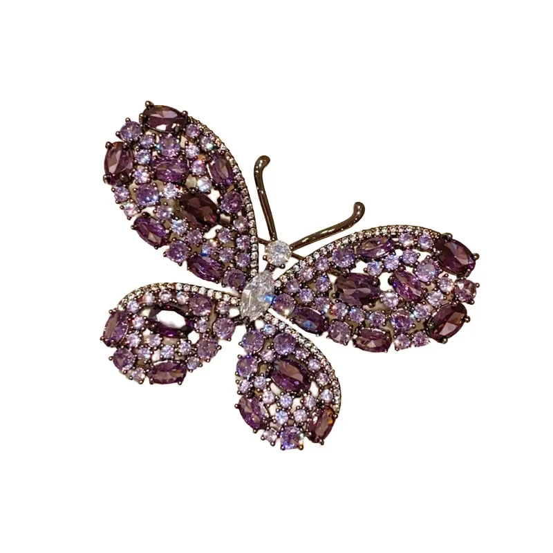 Light Luxury Dark Purple Zircon Butterfly Brooch Pins Retro Suit Coat Pin for Women Elegant Animal Corsage Accessories Ornament