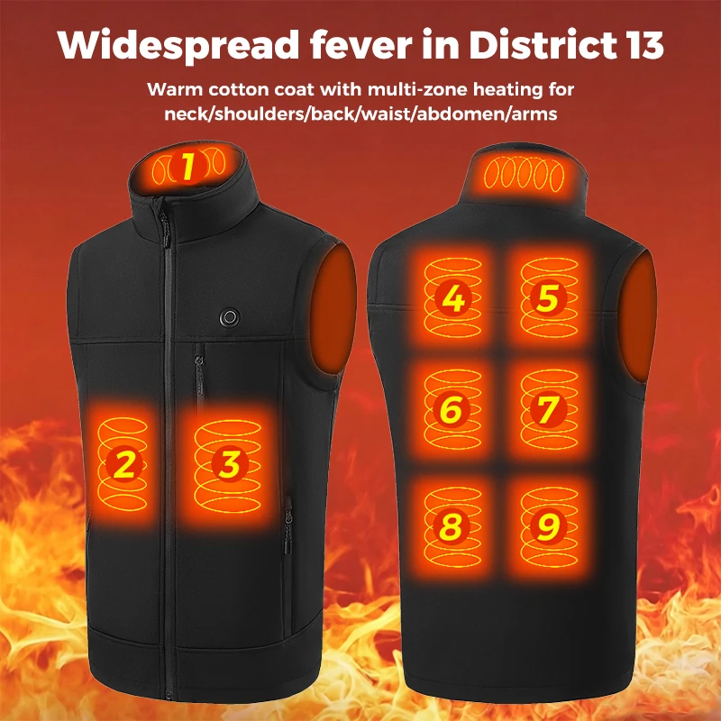 9 Zone Heated Vest Unisex USB Fast Warm Up Smart Heating Gilet Machine Washable for Hiking Camping Cold Weather Outdoor