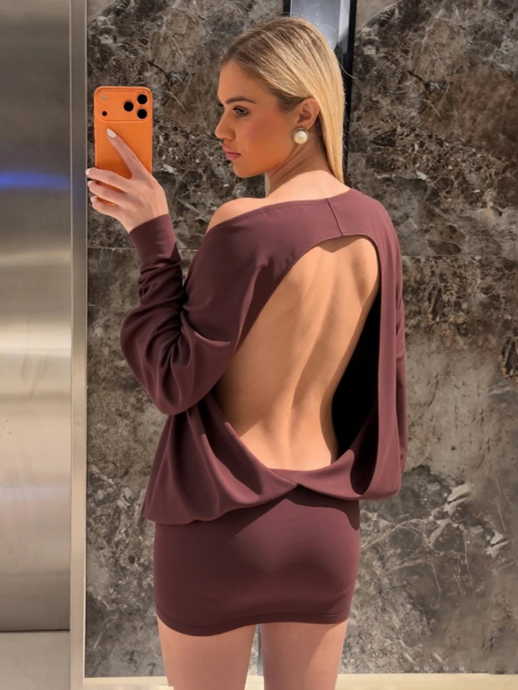 奇妙な猫スラッシュネックドレス女性背中の開いたクラシックランタンスリーブスキニーソリッドエレガントシンプルパーティークラブウェアストレッチボディコン