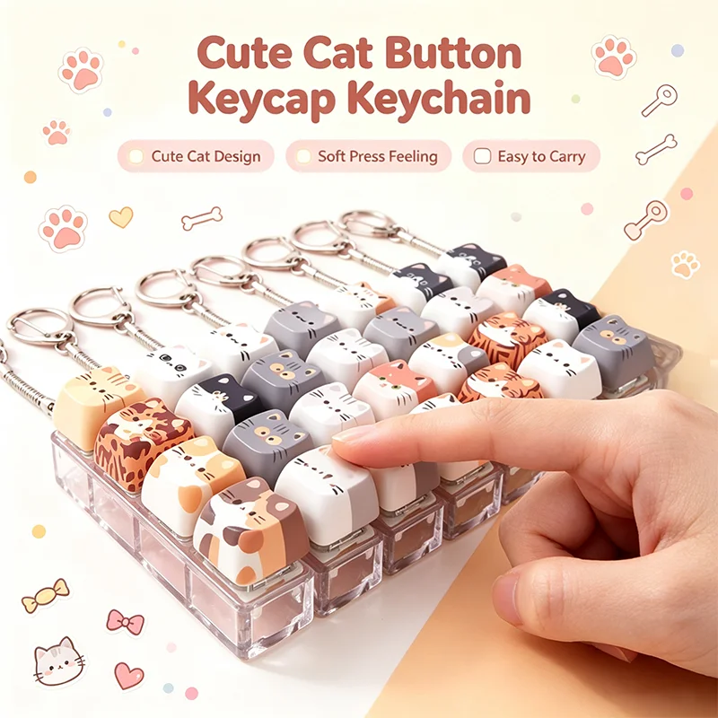 Adorable Kitten Fidget Keyboard Keychain 4 Mechanical Buttons Clicker Mini Finger Press Stress Relief Toy Cute Bag Pendant Gift