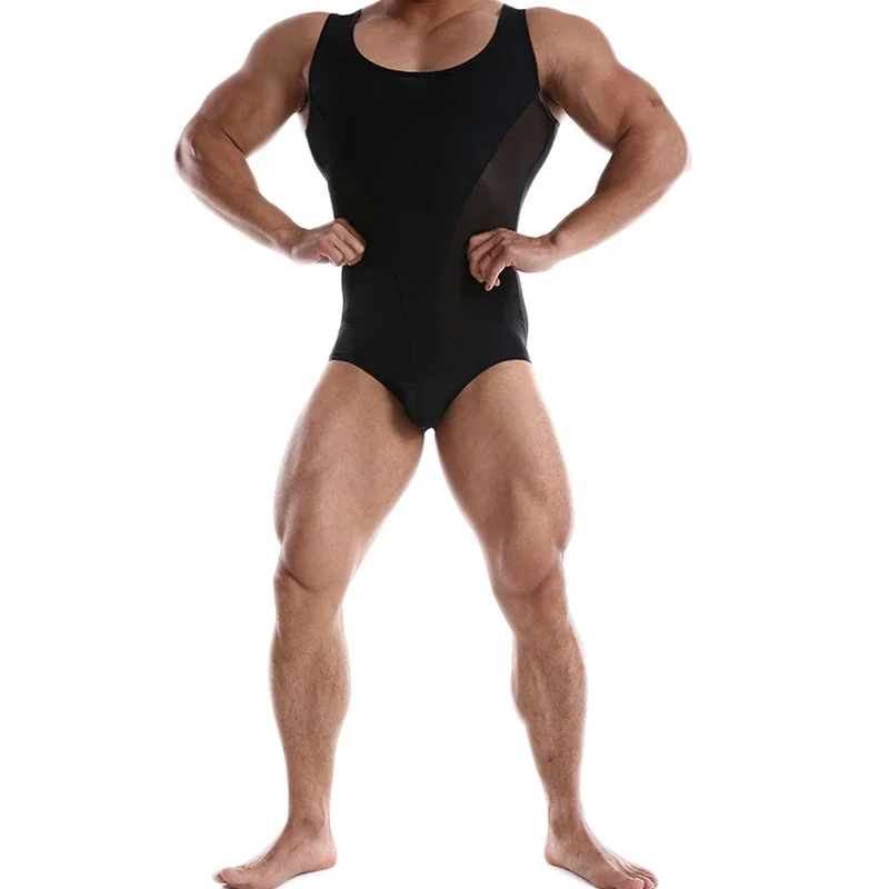 Men Undershirts Ice Corset High Elasticity One-piece Bodysuit Shapers Breathable Slim Mesh Splicing Fitness Leisure Jumpsuit