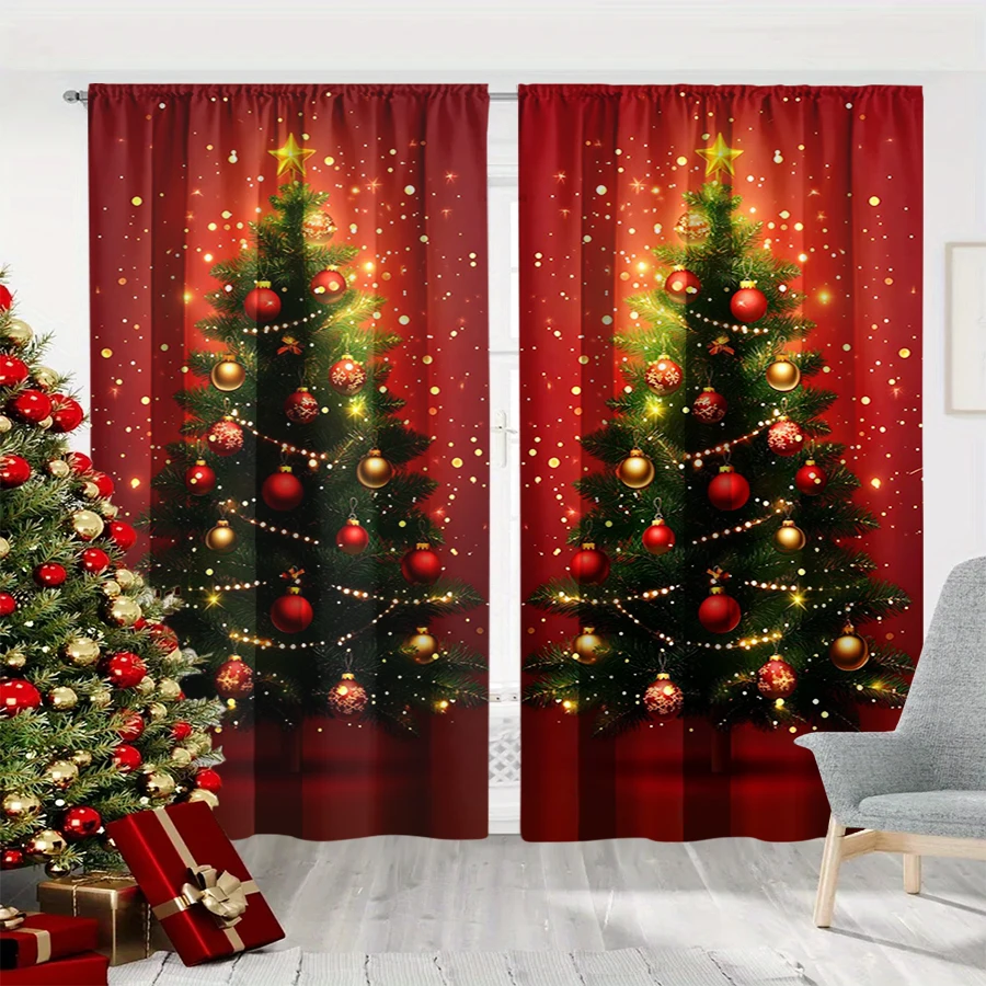 2PCS Christmas Winter Curtains, Red Glowing Tree Gold Star Light String Winter, Digital Print, Bedroom Living Room, Home Decor