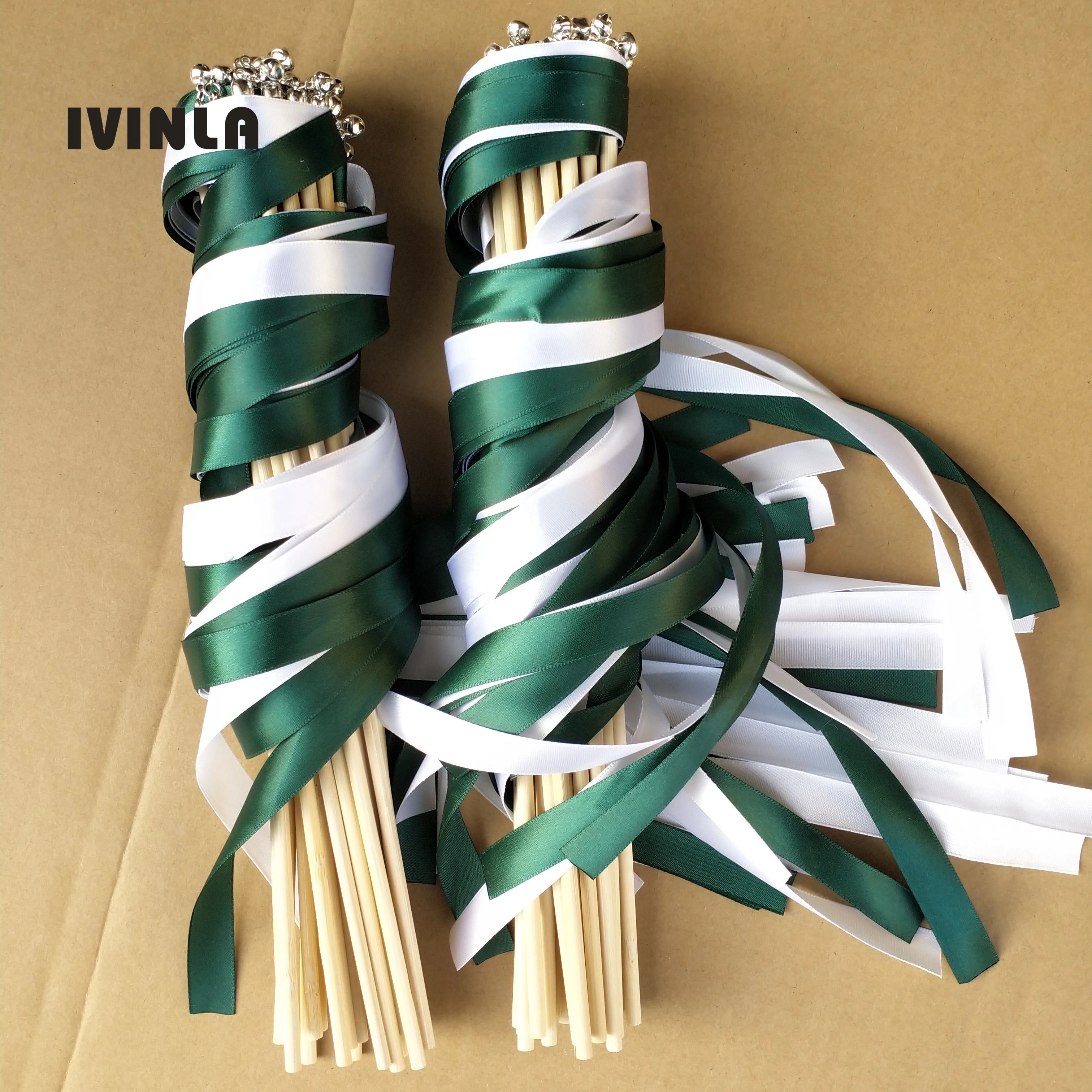 Hot selling 50/20/10pcs/lot  green & white wedding ribbon wands with sliver bell