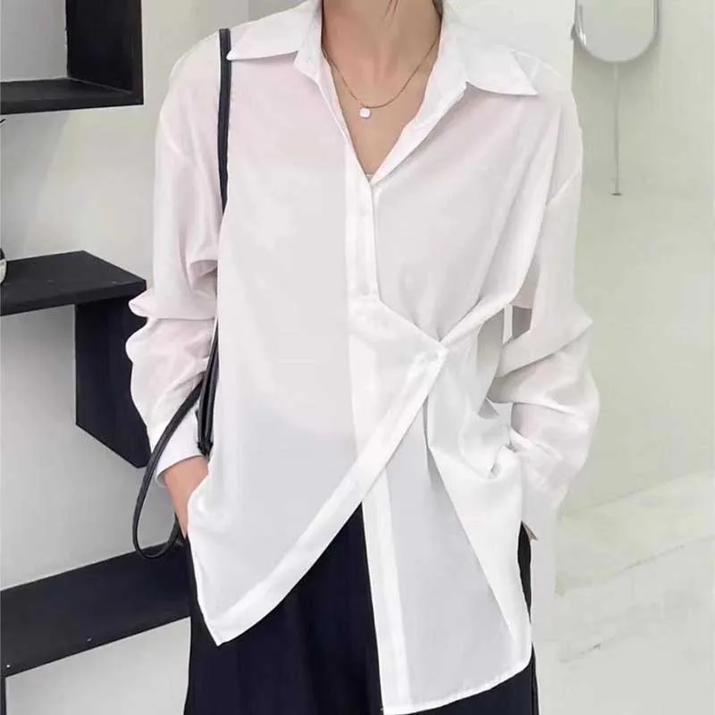 Fashion Lapel Button Solid Color Asymmetrical Shirts Women Clothing 2024 Spring Summer New Loose Casual Tops Irregular Blouses