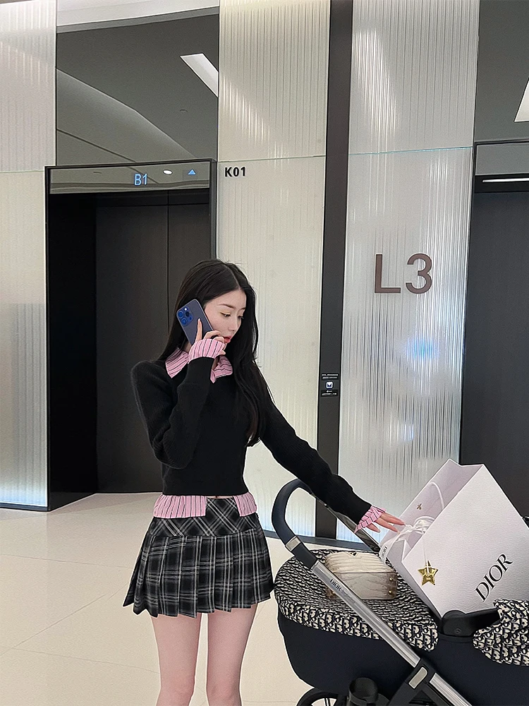 

Sweet Polar Fce Knitted Sweater Skirt Set Two-Piece Set College Sle Faux Two-Piece Sweater Skirt Ensemble for Women