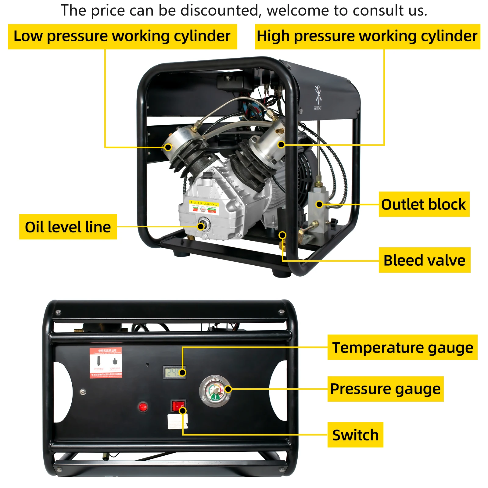 

TUXING High Pressure Auto Purge 4500psi/300bar/30mpa Auto Shut-off Scuba Diving Hunting Oil- Water Separation PCP Air Compressor
