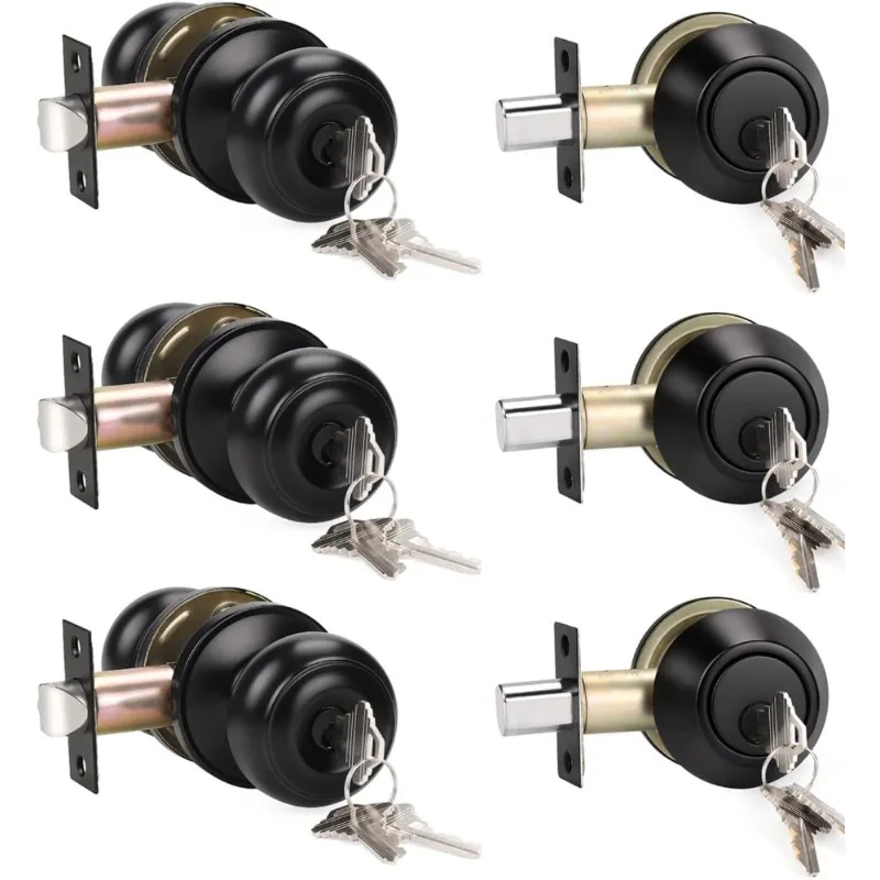 

3 Pack Keyed Alike Entry Door Knob and Single Cylinder Deadbolt Lock Combo Set Matte Black Finish for Front Door