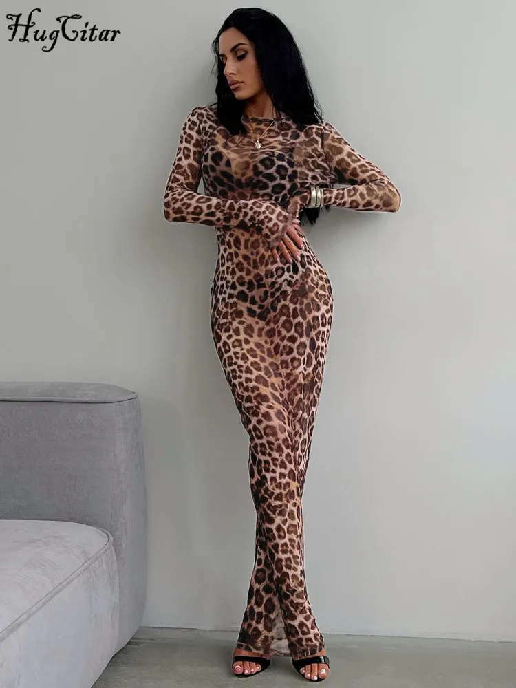 Hugcitar Leopard Print Mesh Long Sleeve Sexy Slim See Through Maxi Dress Fall Women Fashion Outfits Beach Vacation Club
