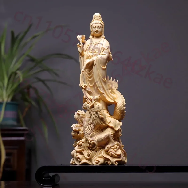 Kuan Yin Guanyin Cypress Wood Carving Dragon Goddess Statue Home Temple Buddhist Altar Sculpture Decor
