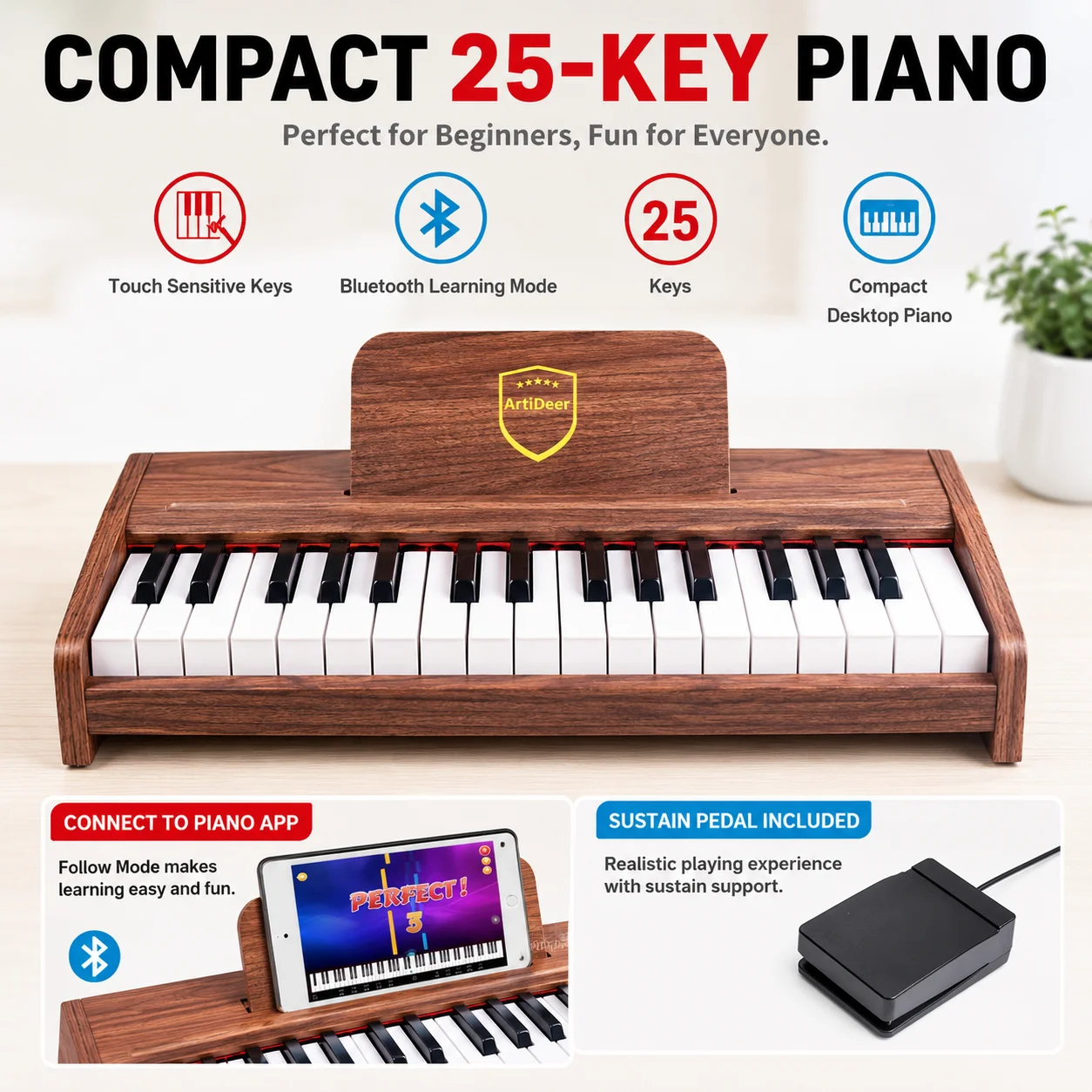 25 37 Keys Wooden Mini Electronic Piano Bluetooth MIDI Digital Keyboard Touch Sensitive Kids Beginner Music Gift