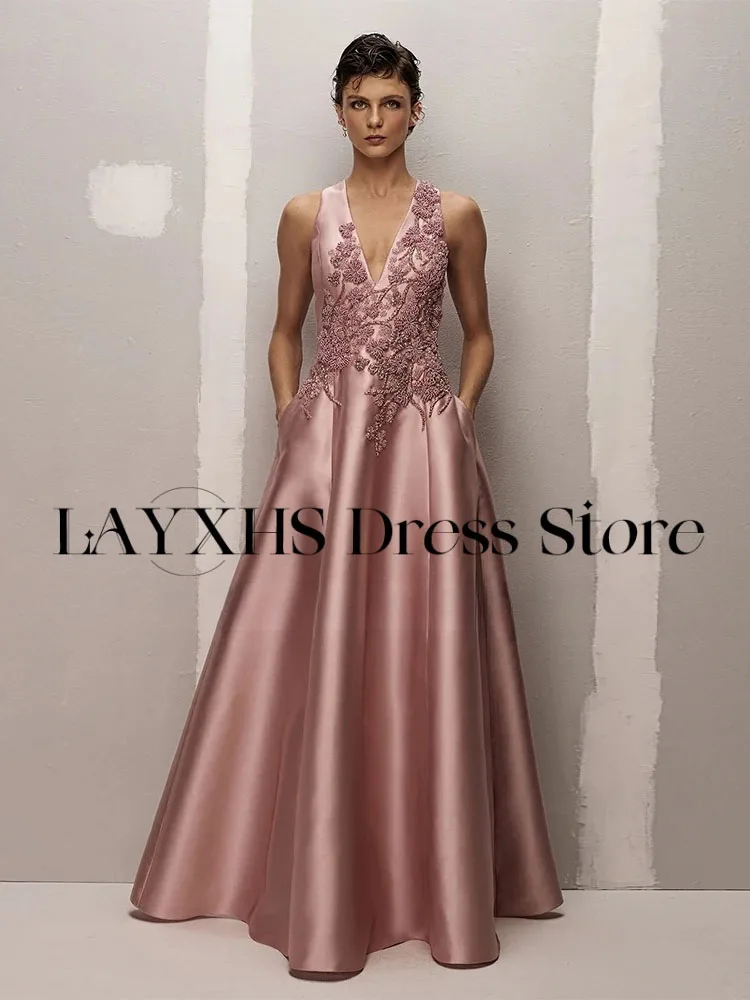LAYXHS Abito da sera con scollo a V di alta qualità Abito da ballo senza maniche con applicazioni di perline a-line Personalizzato فستانmavera