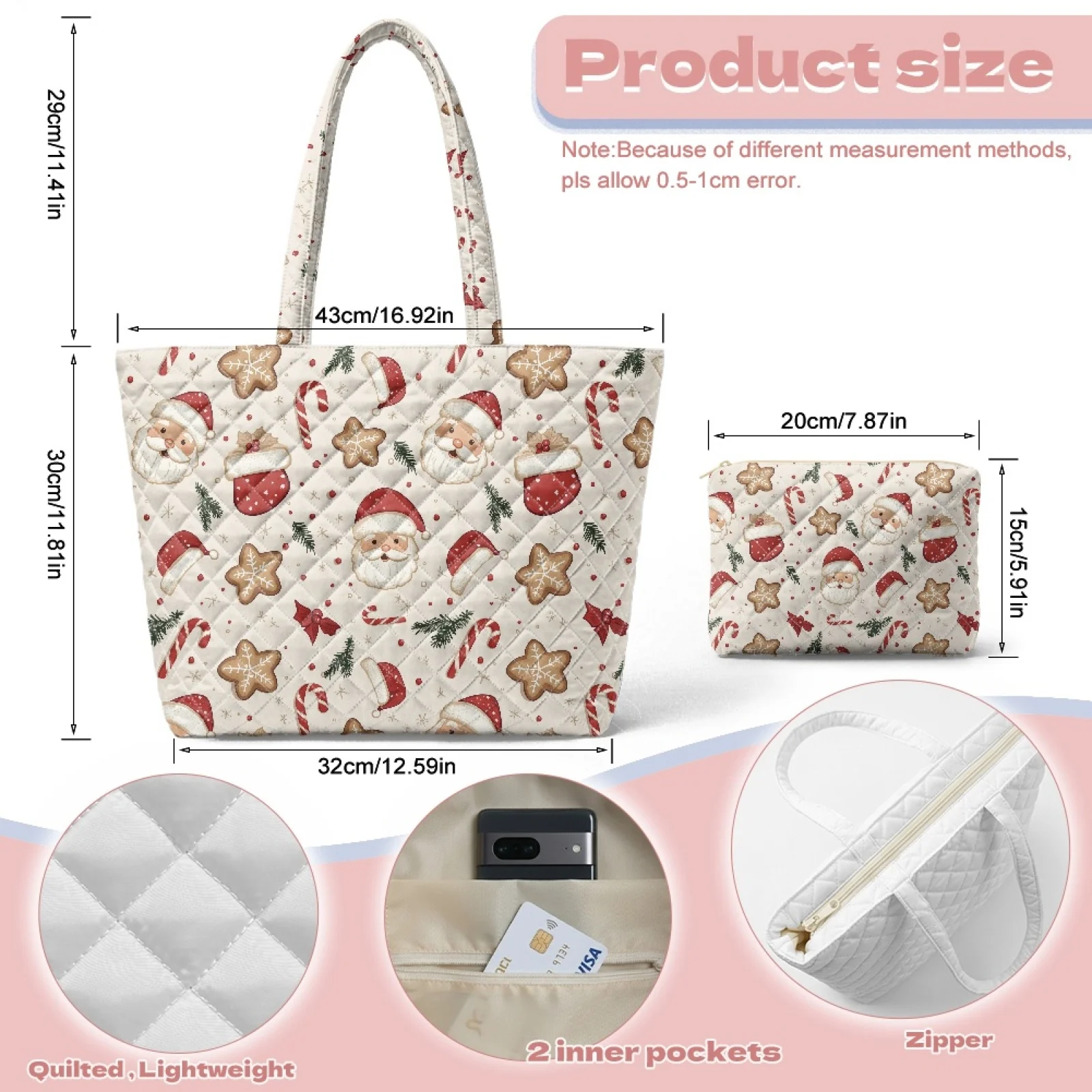 Coloranimal Santa Gingerbread 2 Packs Quilted Shoulder Bag with Cosmetic Pouch for Outings Excursions New Trend
