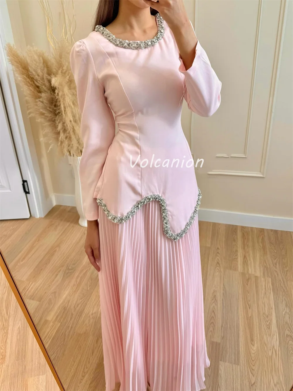 تخصيص الطراز الحديث أنيقة الأورجانزا ثنيات حجر الراين الديكور مطرزة مستقيم س الرقبة فساتين طويلة فساتين المناسبات حسب الطلب #5