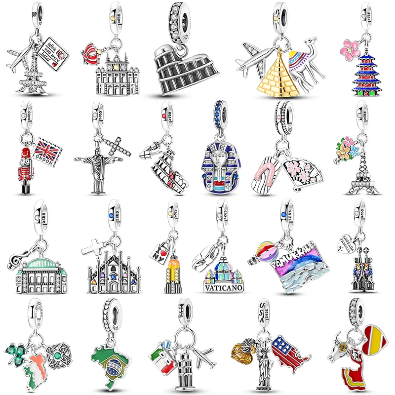 925 Sterling Silver World Travel Landmark Charm Beads For Women Fit Bracelet DIY Jewelry Famous Cities Buildings Pendants