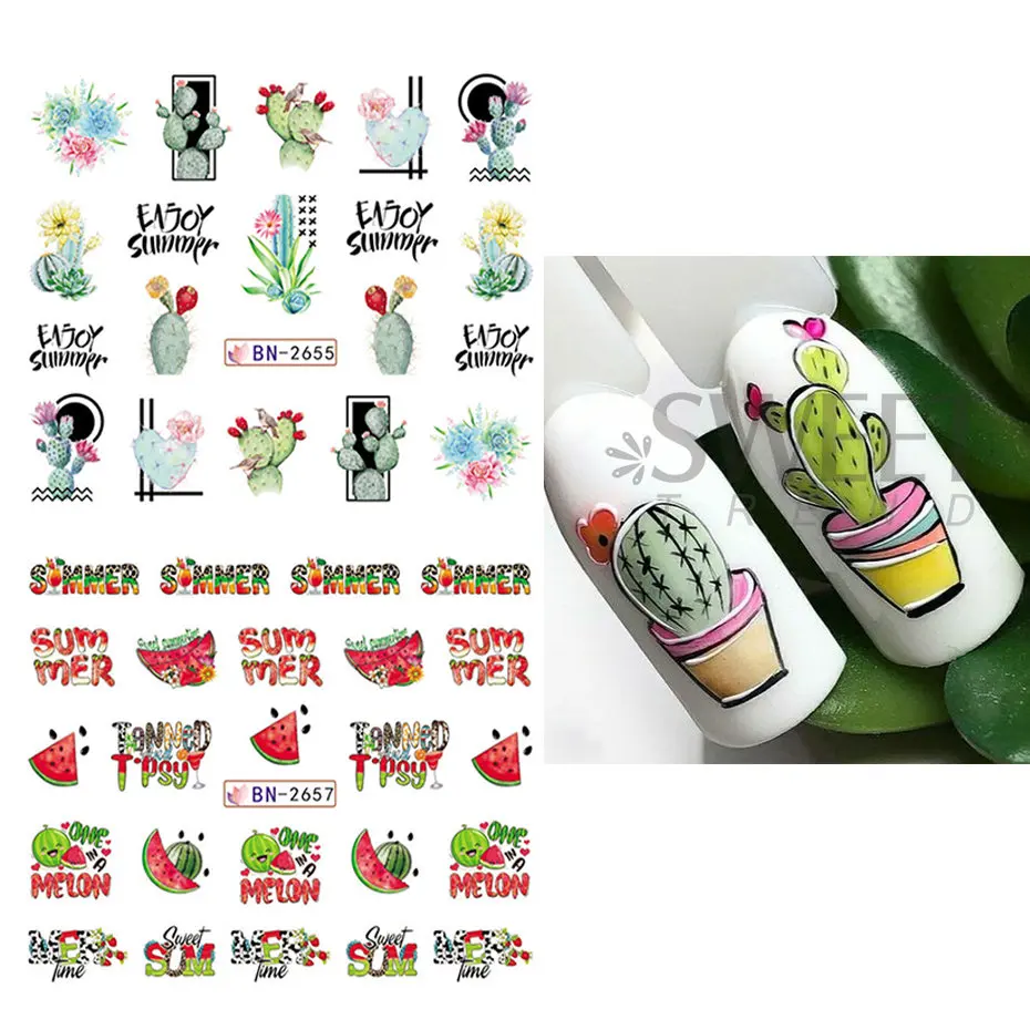 12pcs Coconut Summer Nail Water Stickers Sliders Cartoon Cactus Watermelon Palm Tree Sunset Letter Fruit Manicure Accessories