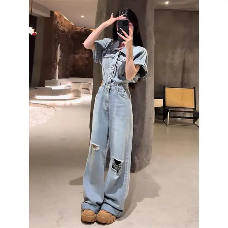 Retro American ort Sve Jumpsuit Women's Summer Design Sense Hole Waist in Jeans Floor-Length Pants Casual High Waist Zipper