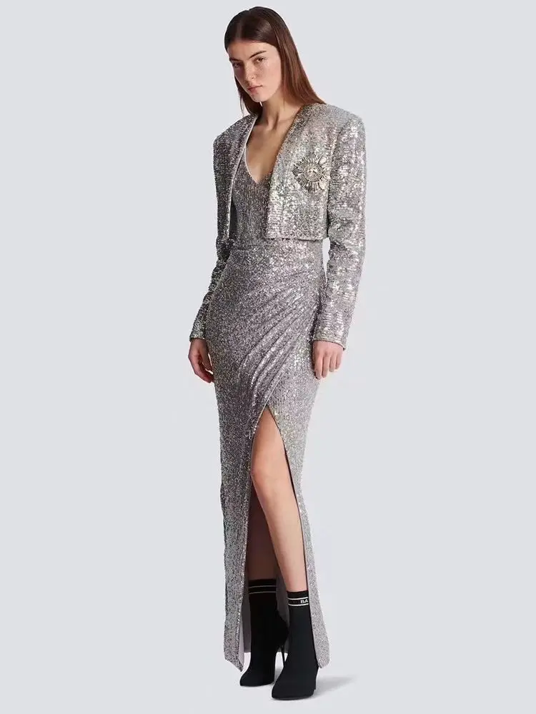 Ailigou-Robe longue fendue à col en V avec broderie à paillettes, robe de banquet italienne, manteau d'été sexy, 2 pièces, nouveau, 2023