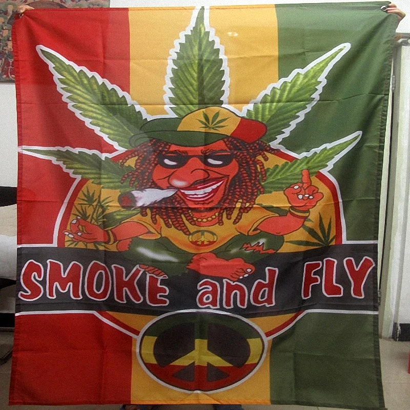SMOKE AND FLY Jute Reggae Rock Band Hanging Art Waterproof Cloth Polyester Fabric 56X36 inches Flags banner Bar Cafe Hotel Decor