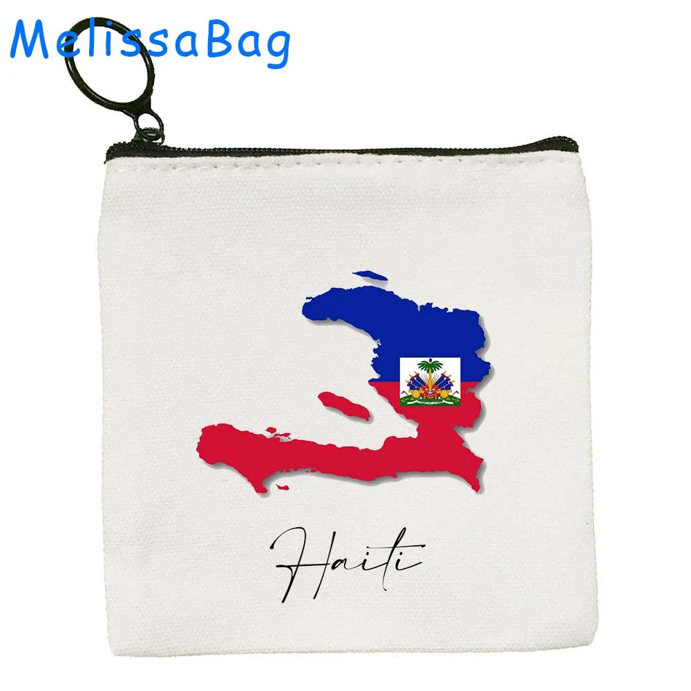 Monedero de lona con estampado de mapa del país de Haiti, bolsa de almacenamiento para tarjetas, cartera con cremallera