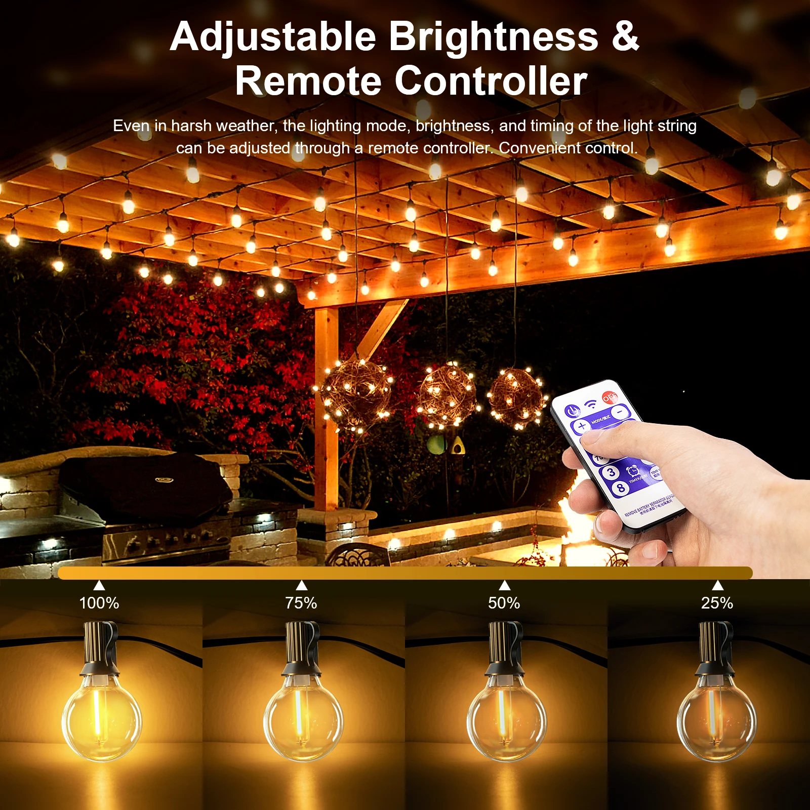 Solar-LED-Lichterkette für den Außenbereich mit Fernbedienung - Dimmbare G40 Laternenlampen, wasserdicht, 8 Modi, Solar L – Detail 3