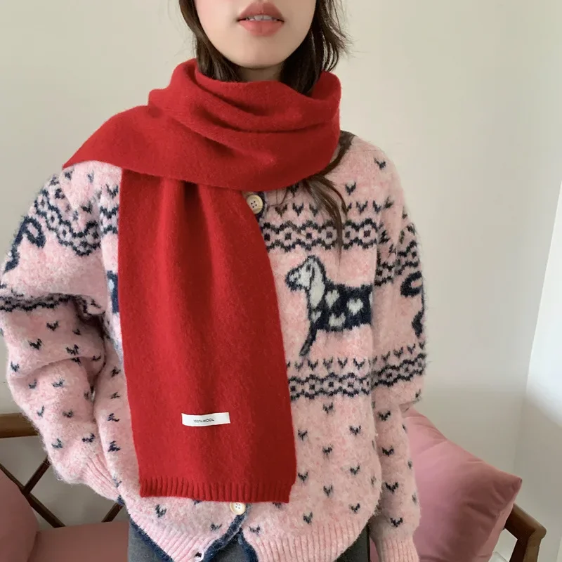 100% Wool Solid Color Scarf Australian Style Versatile Couple Winter Warm Knitted Neck Warmer For Women And Couples