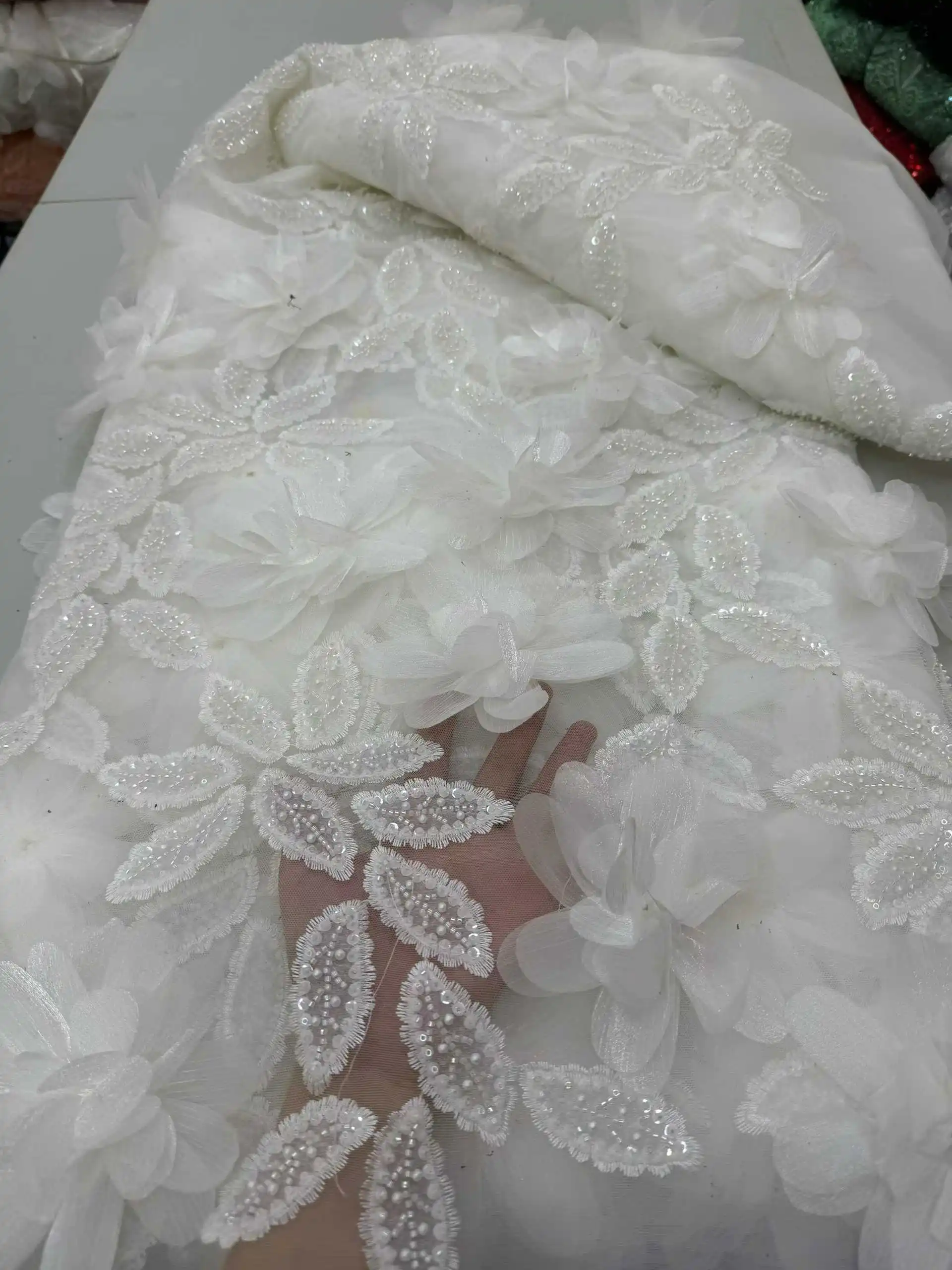 French 3D Flower Lace Fabric with Beaded Sequins Embroidery for Wedding Party Dresses And African Nigerian Style Sewing