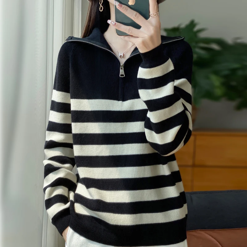Vrouwen Merinowollen Trui Halve Rits Polo Kraag Trui Herfst Winter Mode Truien Streep Kleding Lange Mouw Basic Tops