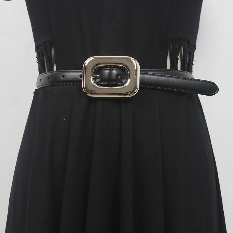 

Elegant Cow Leather Women Belts Vintage Black Slim Waist Belts Jeans Trousers Dress Waistbands Simple Design Office Ladies Belt