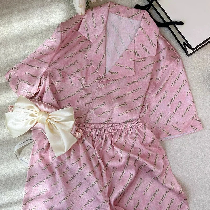 French Romantic Y2k Pink Letter Print Women Pajamas Fresh Elegant Aesthetics Sleepwear 2024 New Summer Herringbone Twill Lounges