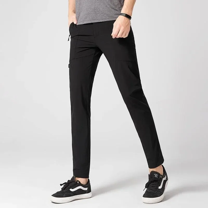 Inteligente casual calças de secagem rápida em linha reta magro ajuste cintura jogger coreano clássico preto masculino marca calças com cinto carga calças