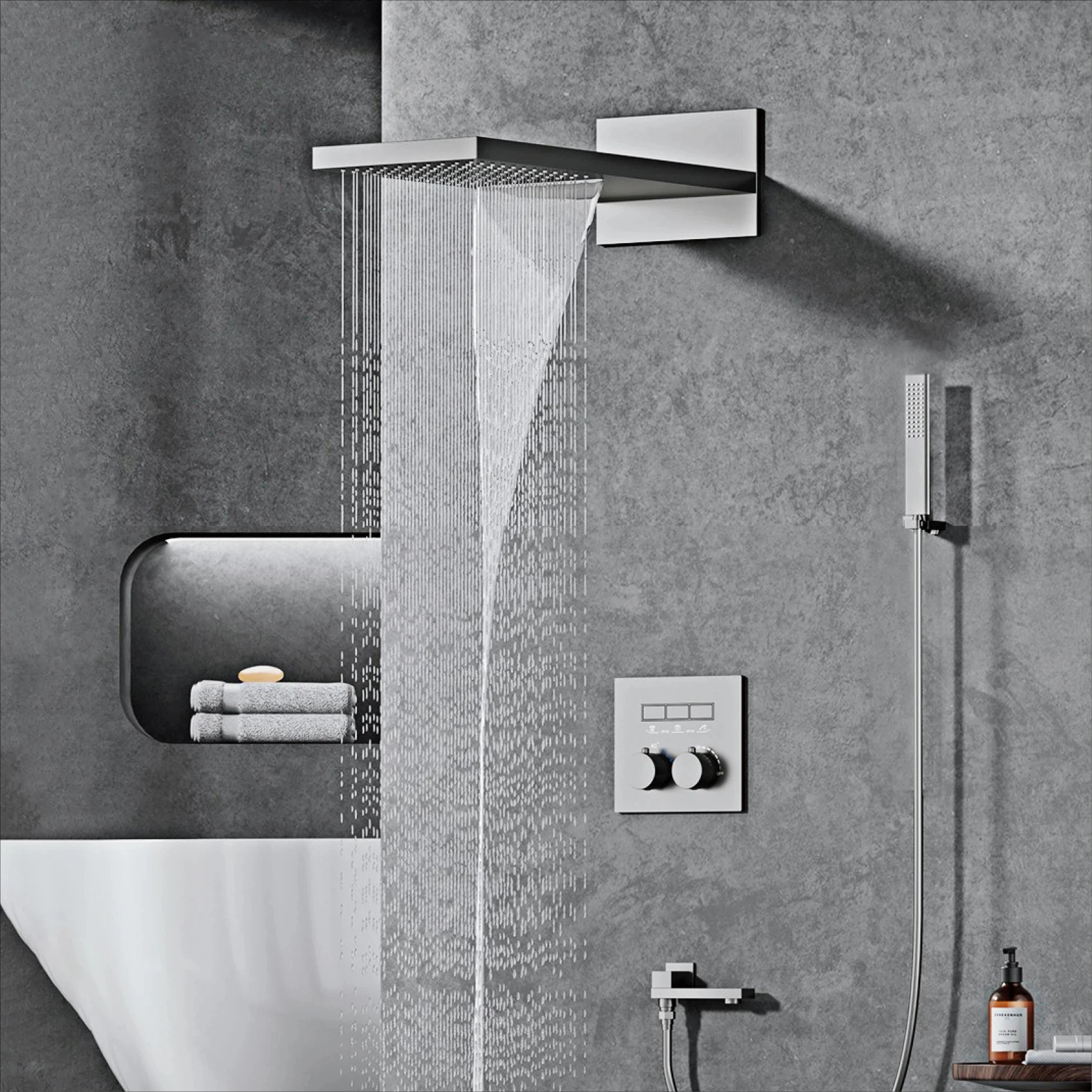 Luxury gun gray brass thermostatic shower system with wall mounted design Embedded faucet for hot and cold water bathroom