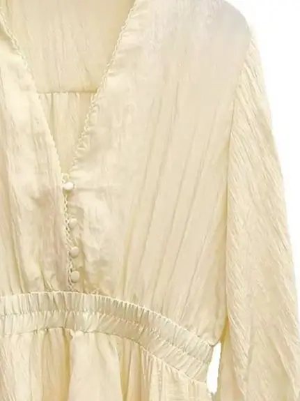 

Spring/Summer Women V-Neck Three-quarters Sleeve Lace Trim Tiered Solid Mini Dress Elastic High Waist A-line Slim Elegant Dress