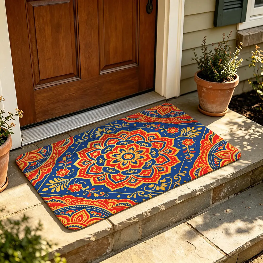 Mandala Geometric Pattern Felt Door Mat Red Blue Gold Ethnic Style Entry Mat Non-slip Washable Front Door Rug