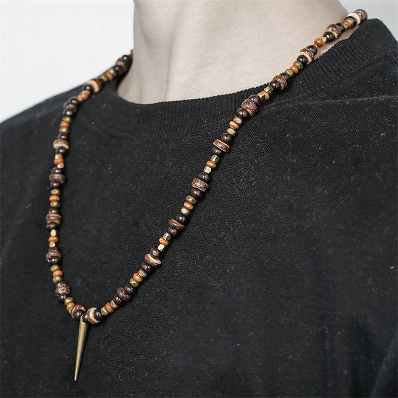 Fashion Men Summer Beach Wooden Bead Surfer Necklace Simple Rivet Tribal Ethnic Handmade Chain Steampunk Male Jewelry Gift