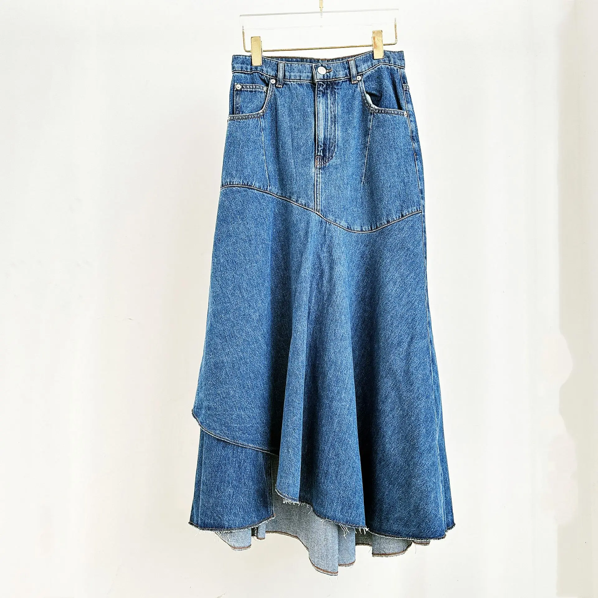 Frauen Jeans rock unregelmäßige hohe Taille A-Linie Mode Sommer Midi Jupe